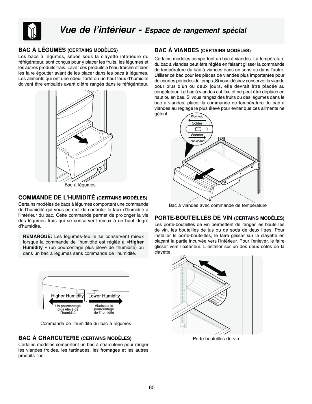 Frigidaire FRS26HR4AB1, FRS23F5AB3 Commande DE L’HUMIDITÉ Certains Modè LES, PORTE-BOUTEILLES DE VIN Certains Modè LES 