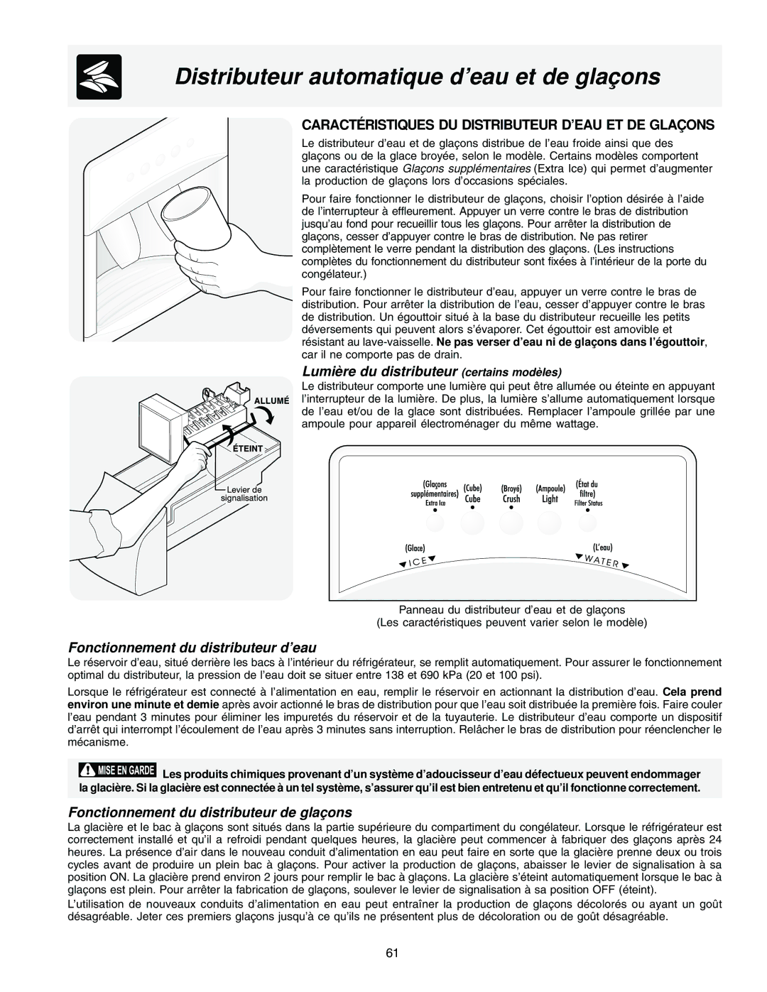 Frigidaire FRS26F5AQ2 Distributeur automatique d’eau et de glaçons, Caracté Ristiques DU Distributeur D’EAU ET DE Glaç ONS 