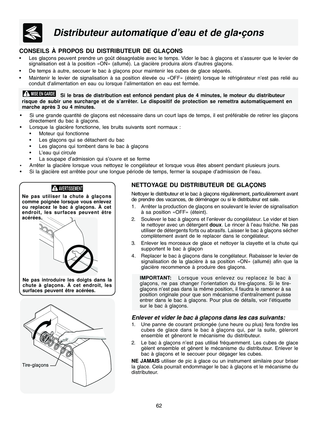 Frigidaire FRS26HF5AW1, FRS23F5AB3 Conseils À Propos DU Distributeur DE Glaç ONS, Nettoyage DU Distributeur DE Glaç ONS 