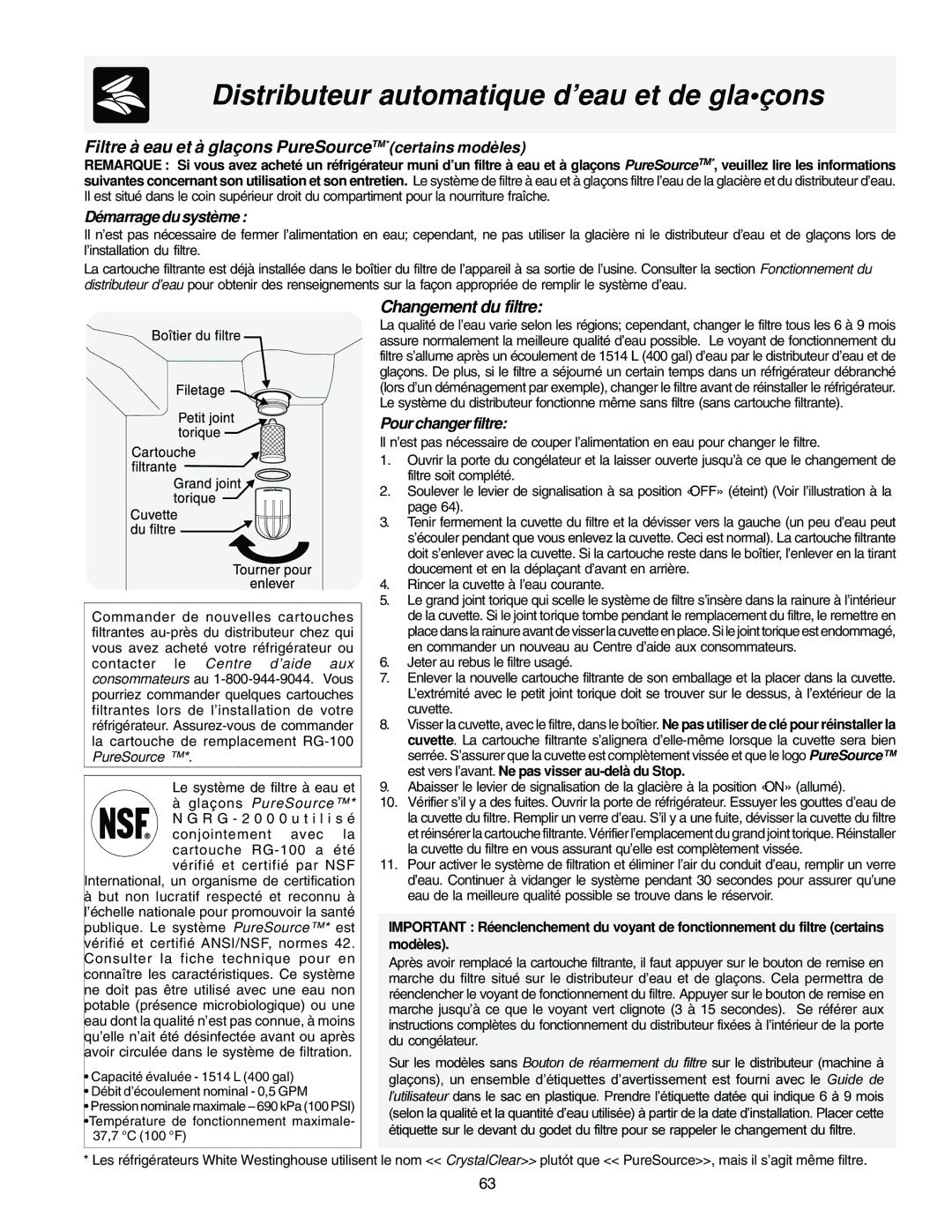 Frigidaire FRS26HF5AB1 Filtre à eau et à glaçons PureSource TM*certains modèles, Changement du filtre, Pour changer filtre 