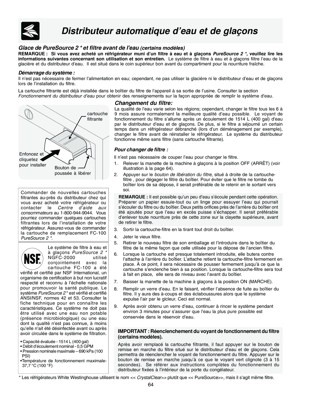 Frigidaire FRS26F5AW2, FRS23F5AB3, FRS23F5AW3, FRS23H5ASB1, FRS23F5AQ3, FRS23HF5AW2 Pour changer de filtre, Glaçons PureSource 