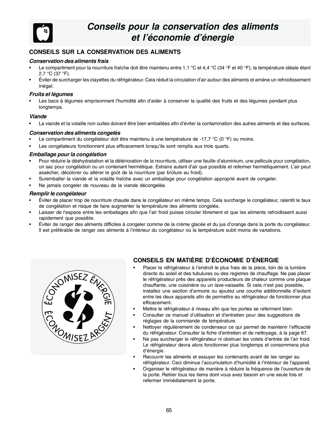 Frigidaire FRS26HF5AQ1, FRS23F5AB3 Conseils SUR LA Conservation DES Aliments, Conseils EN Matiè RE D’É Conomie D’É Nergie 