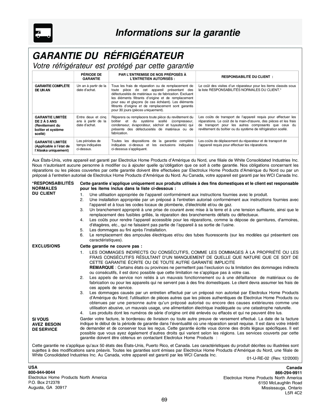 Frigidaire FRS23F5AQ3, FRS23F5AB3, FRS23F5AW3, FRS23H5ASB1 manual Informations sur la garantie, Garantie DU Réfrigérateur 