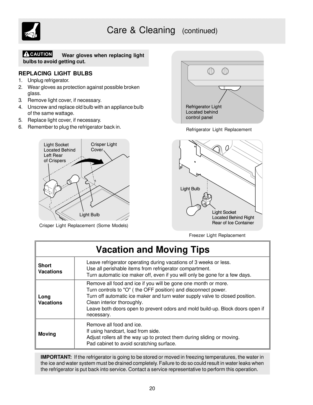 Frigidaire FRS26HR4AQ3, FRS23H5ASB3, FRS23KR4AW5, FRS23KR4AB5, FRS26HR4AB3 Vacation and Moving Tips, Replacing Light Bulbs 