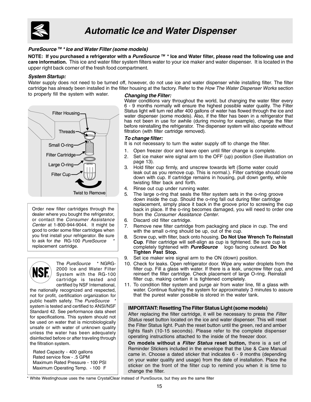 Frigidaire FRS26R2AQB, FRS23HF5AW5, FRS26RBBW1 manual PureSource TM * Ice and Water Filter some models, PureSource * Ngrg 