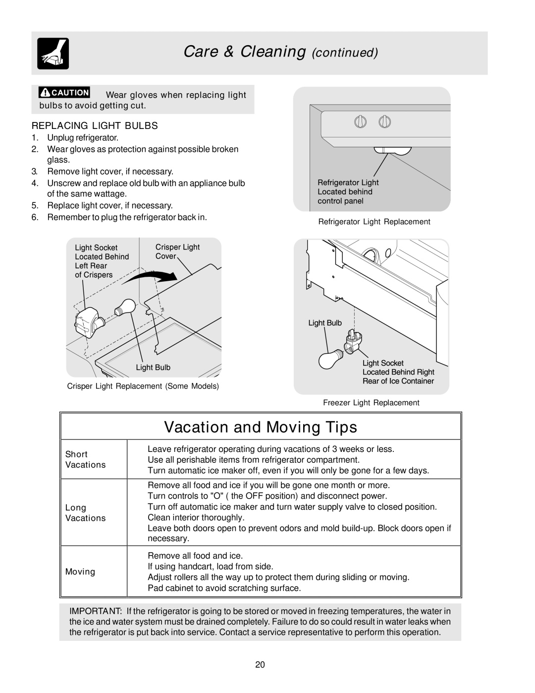 Frigidaire FRS26R2AW0, FRS23HF5AW5, FRS26RBBW1, FRS26R4AQ6, FRS26R4AW6 manual Vacation and Moving Tips, Replacing Light Bulbs 