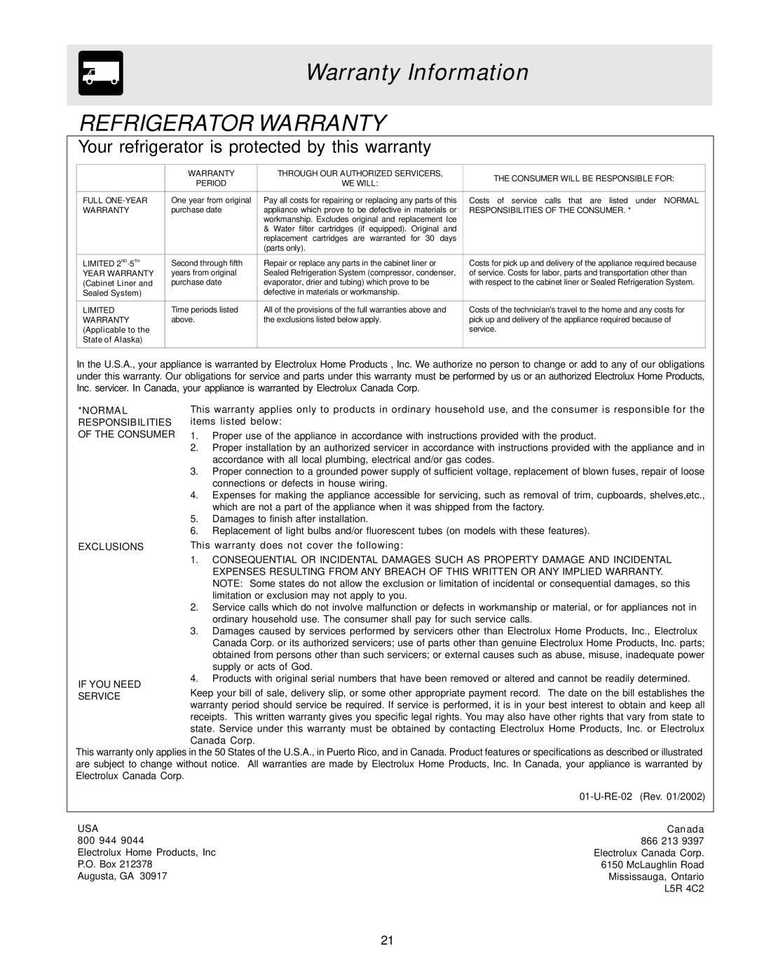 Frigidaire FRS26R2AQ5, FRS23HF5AW5, FRS26RBBW1, FRS26R4AQ6, FRS26R4AW6, FRS26R4AW7 Warranty Information, Refrigerator Warranty 