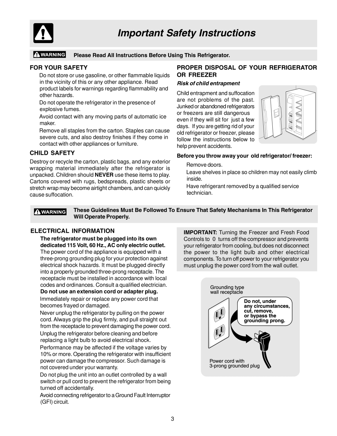 Frigidaire FRS26R4AW6 Important Safety Instructions, For Your Safety, Proper Disposal of Your Refrigerator or Freezer 