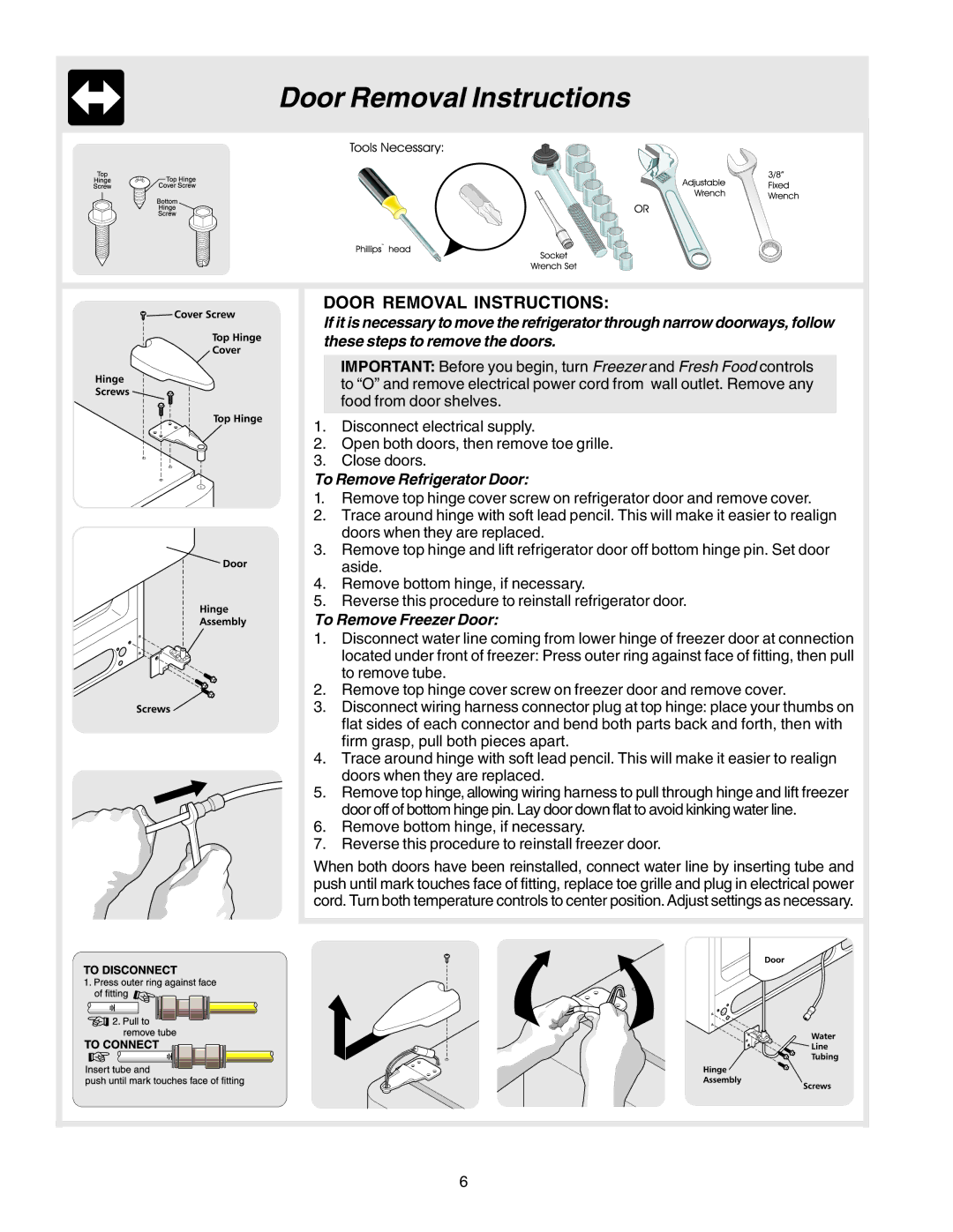 Frigidaire FRS26R4AB7, FRS23HF5AW5 manual Door Removal Instructions, To Remove Refrigerator Door, To Remove Freezer Door 