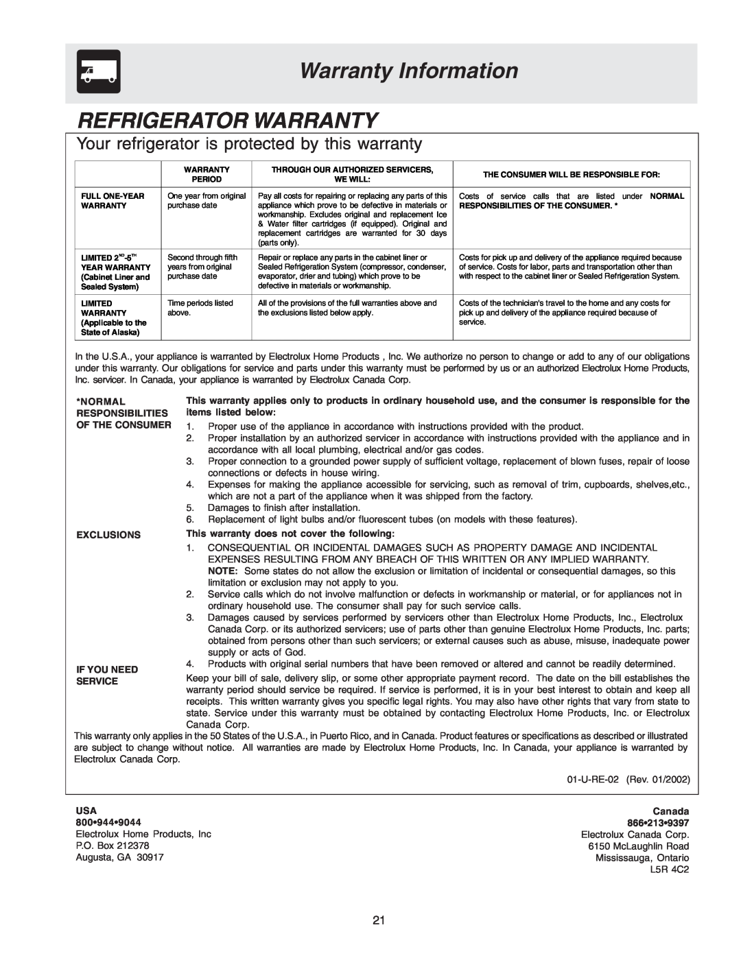 Frigidaire FRS26R2AQ5 Warranty Information REFRIGERATOR WARRANTY, Your refrigerator is protected by this warranty, Canada 