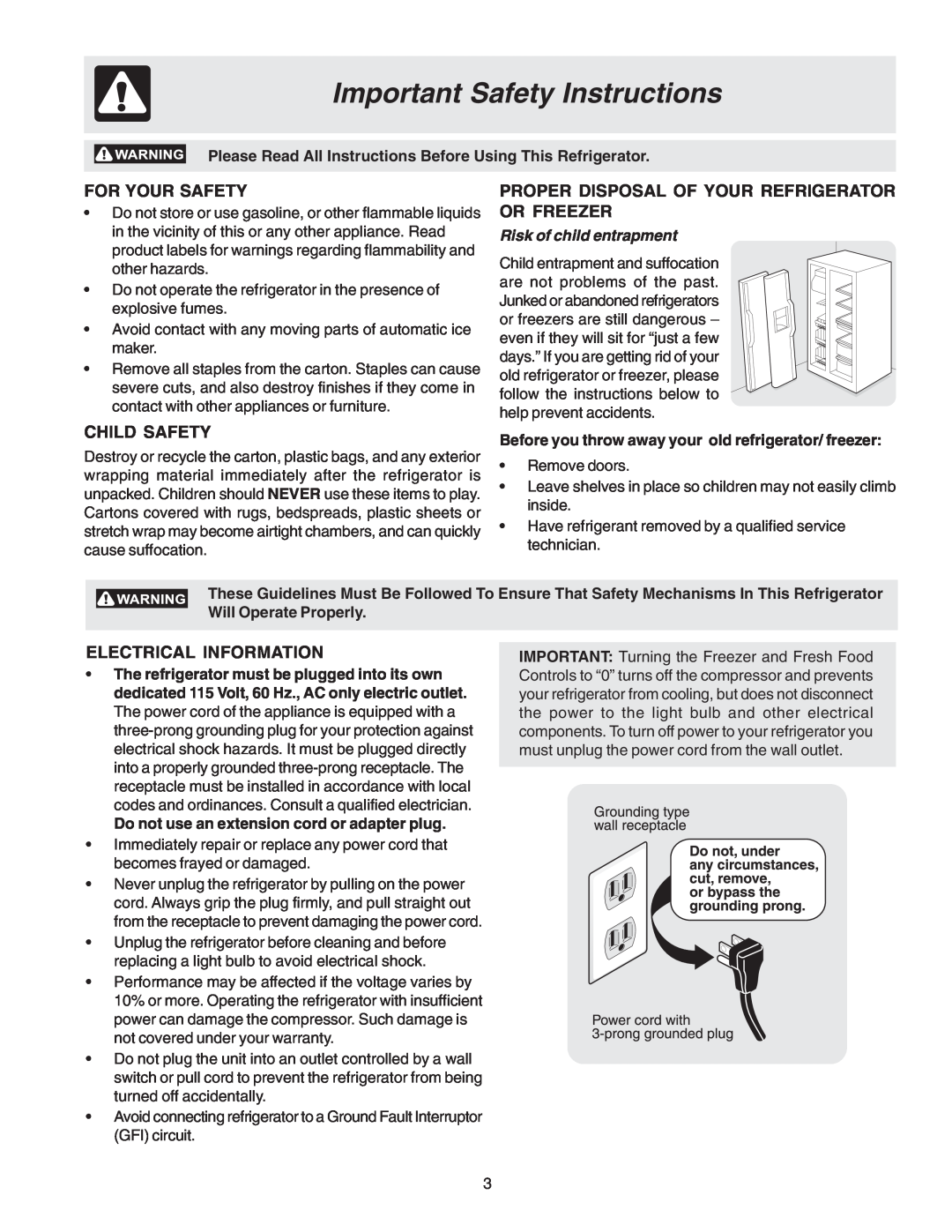 Frigidaire FRS26R4AW6 Important Safety Instructions, For Your Safety, Proper Disposal Of Your Refrigerator Or Freezer 