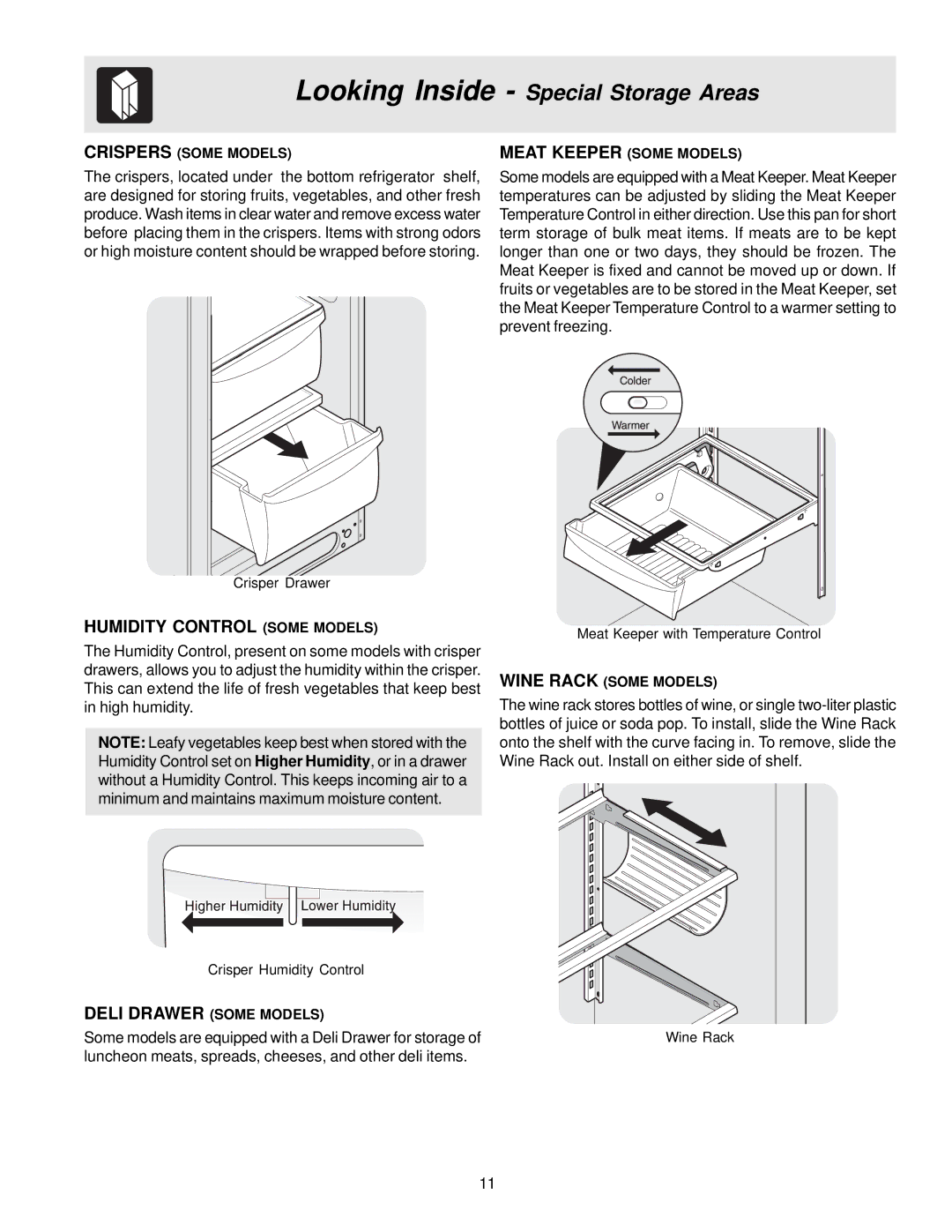 Frigidaire FRS26KR4AQ1, FRS23KR4AB0, FRS26R4AW0 manual Looking Inside Special Storage Areas, Humidity Control Some Models 