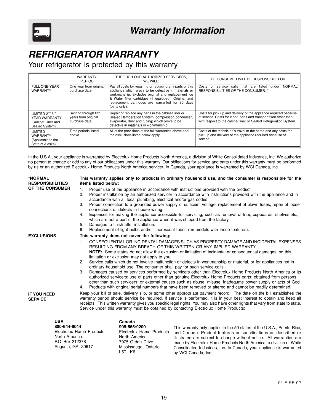 Frigidaire FRS23R4AQ0, FRS23KR4AB0, FRS26R4AW0, FRS26R4AW1, FRS26R4AQ0, FRS26R4AB0 Warranty Information, Refrigerator Warranty 