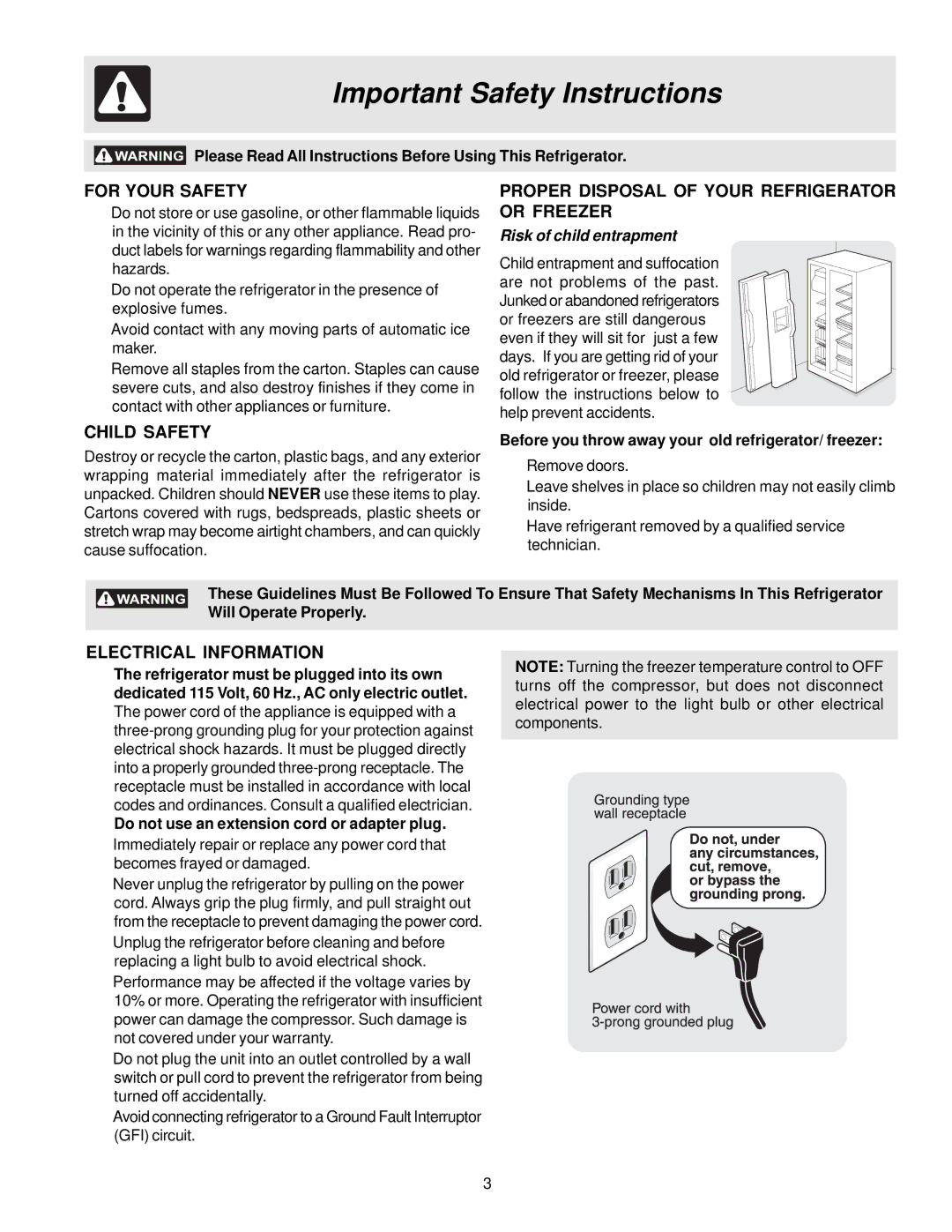 Frigidaire FRS26R4AQ0 Important Safety Instructions, For Your Safety, Proper Disposal of Your Refrigerator or Freezer 