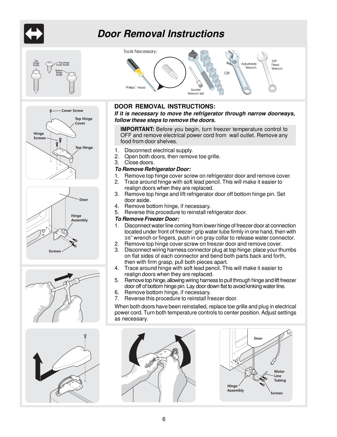 Frigidaire FRS26R4AB1, FRS23KR4AB0 manual Door Removal Instructions, To Remove Refrigerator Door, To Remove Freezer Door 