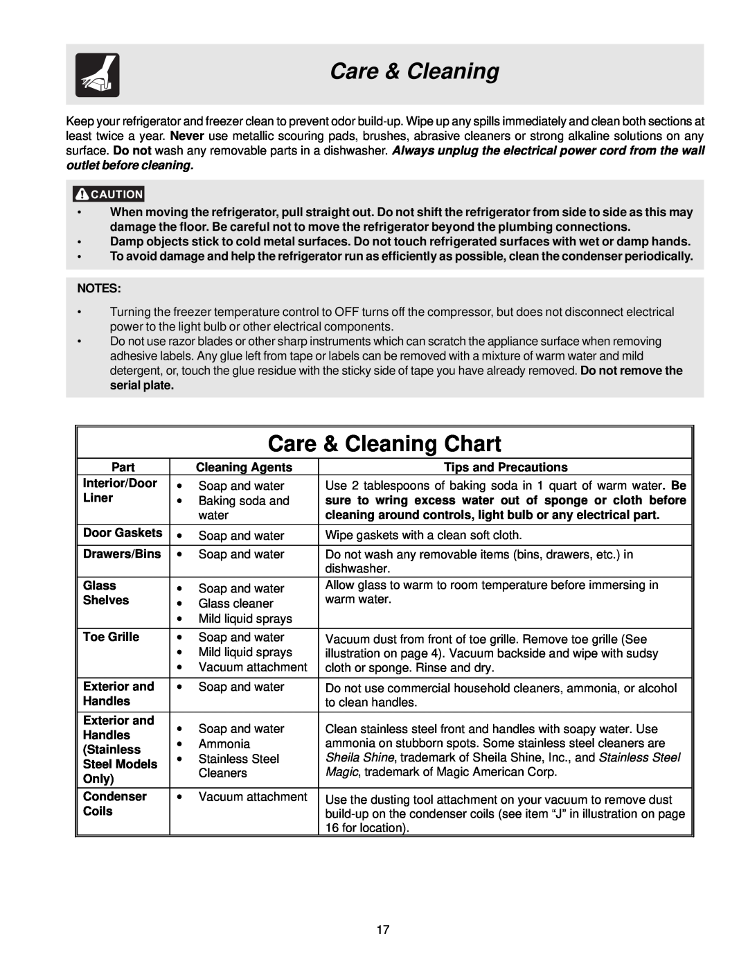 Frigidaire FRS23KR4AB1 Care & Cleaning Chart, Part, Cleaning Agents, Tips and Precautions, Interior/Door, Liner, Glass 
