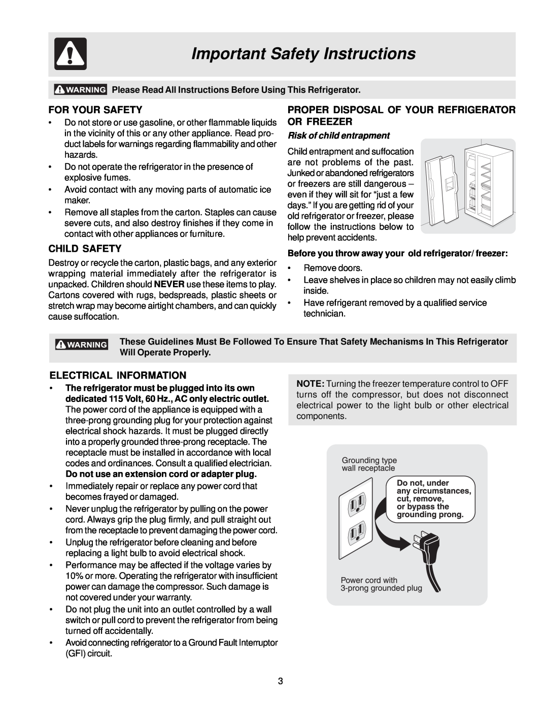 Frigidaire FRS26R4AQ0 Important Safety Instructions, For Your Safety, Proper Disposal Of Your Refrigerator Or Freezer 