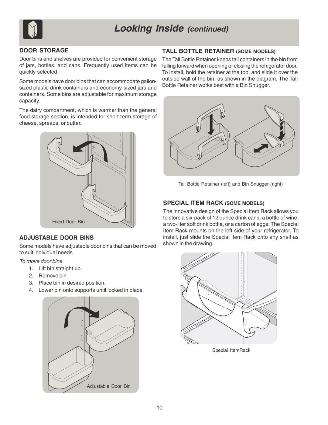 Frigidaire FRS26KF7AW6 Door Storage Tall Bottle Retainer Some Models, Adjustable Door Bins, Special Item Rack Some Models 