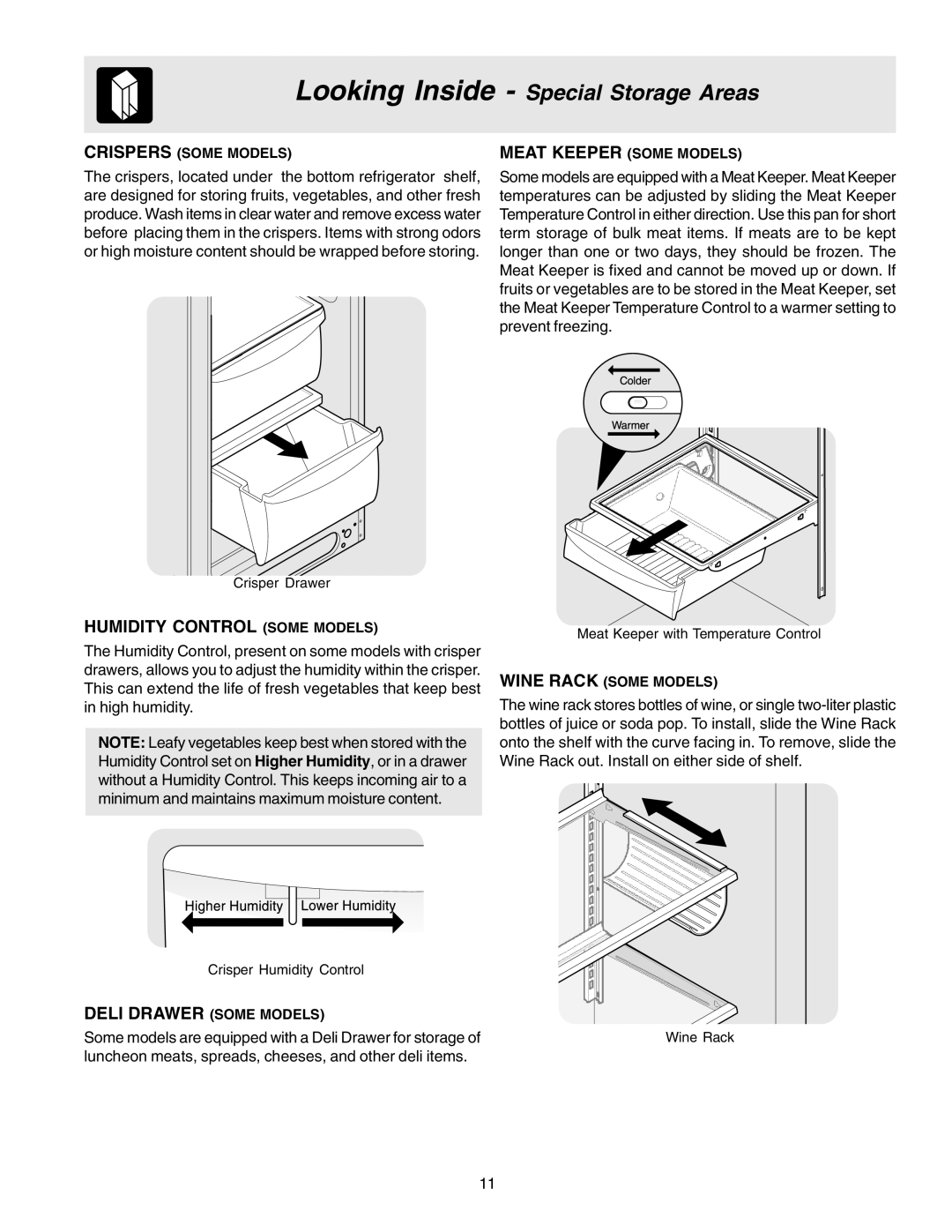 Frigidaire FRS26KR4AB6, FRS23KR4AB7, FRS26KF7AW6 manual Looking Inside Special Storage Areas, Humidity Control Some Models 