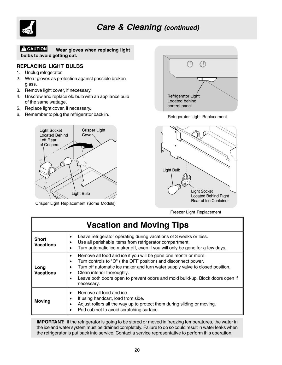 Frigidaire FRS26KR4AB6, FRS23KR4AB7, FRS26KF7AW6 manual Vacation and Moving Tips, Replacing Light Bulbs 