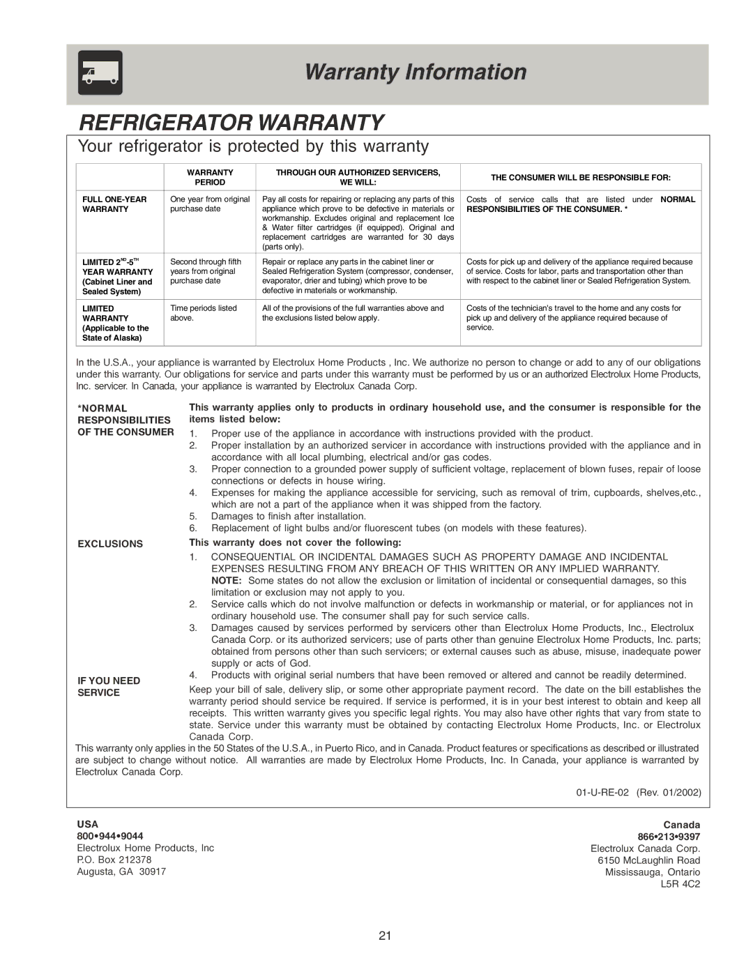 Frigidaire FRS23KR4AB7, FRS26KF7AW6, FRS26KR4AB6 manual Warranty Information, Refrigerator Warranty 