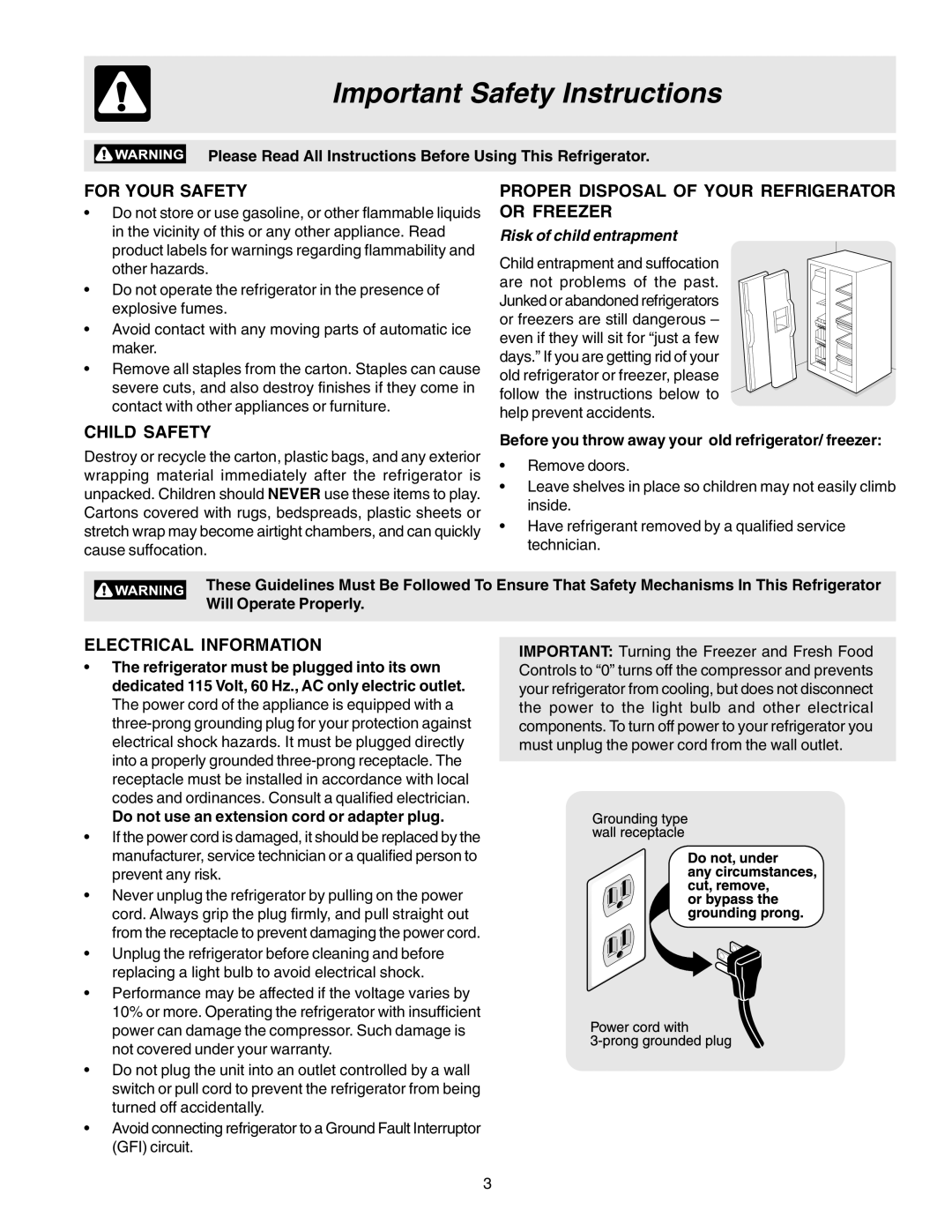 Frigidaire FRS23KR4AB7 Important Safety Instructions, For Your Safety, Proper Disposal of Your Refrigerator or Freezer 