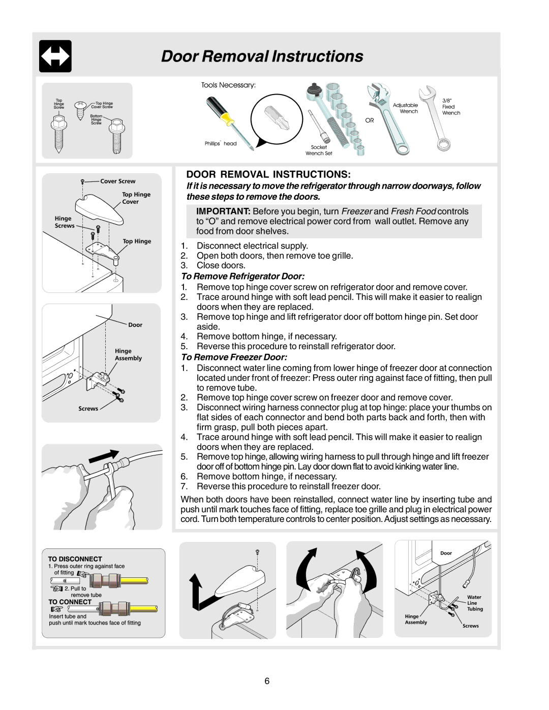 Frigidaire FRS23KR4AB7, FRS26KF7AW6 manual Door Removal Instructions, To Remove Refrigerator Door, To Remove Freezer Door 