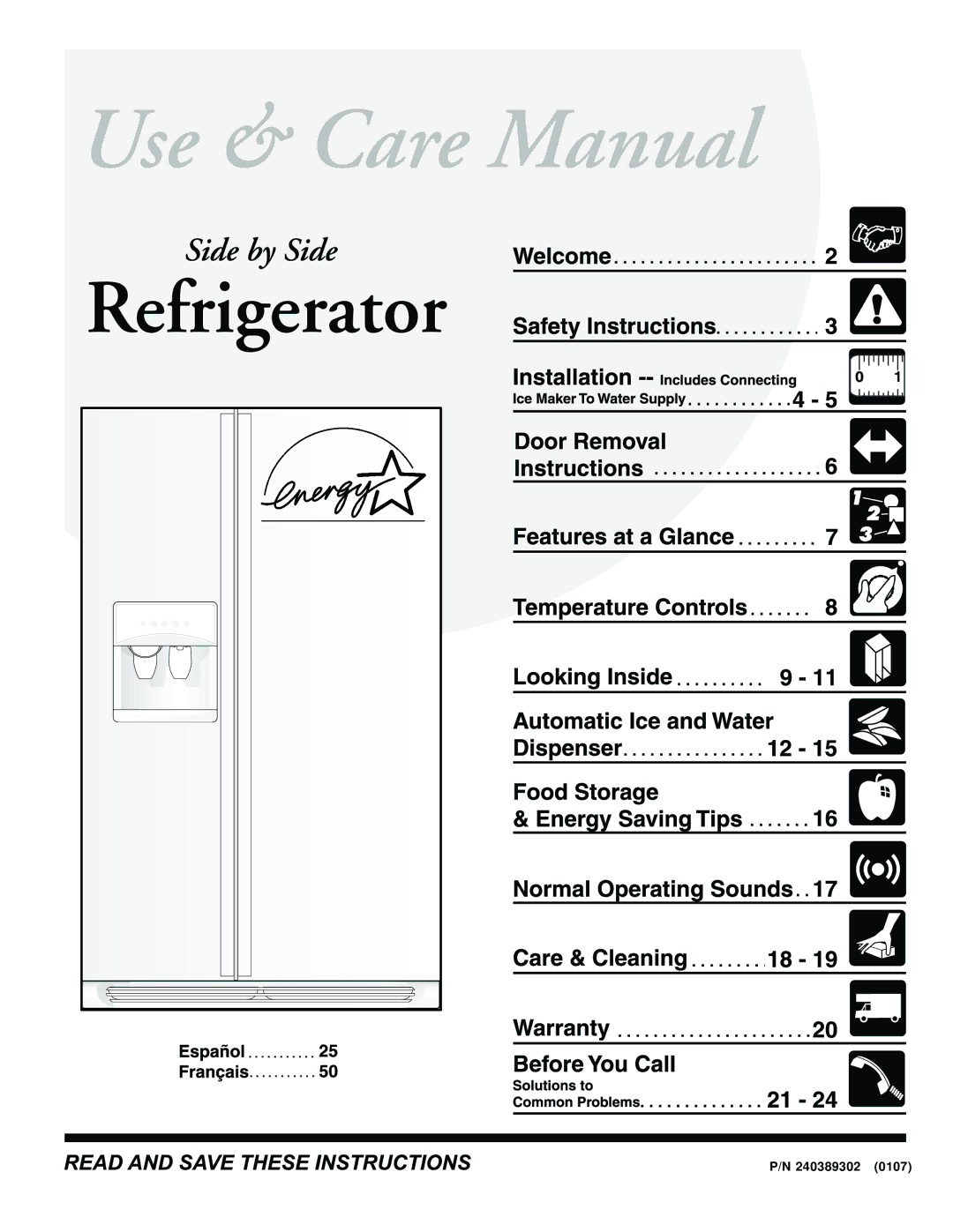 Frigidaire FRS23KR4AQ6, FRS23KR4AQ2, FRS23KR4AW7, FRS23KR4AW2, FRS23KR4AQ7, FRS23KR4AW6, FRS23KR4AB2 manual 240389302 