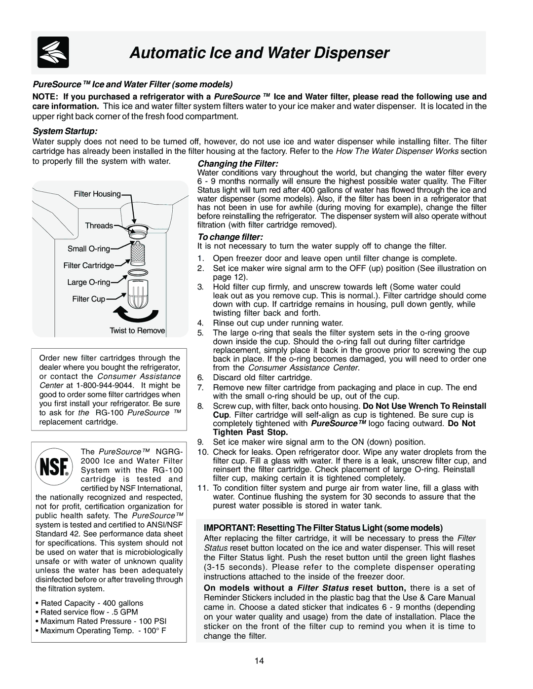 Frigidaire FRS23KR4AQ2, FRS23KR4AQ6, FRS23KR4AW7 manual PureSource TM Ice and Water Filter some models, PureSource Ngrg 