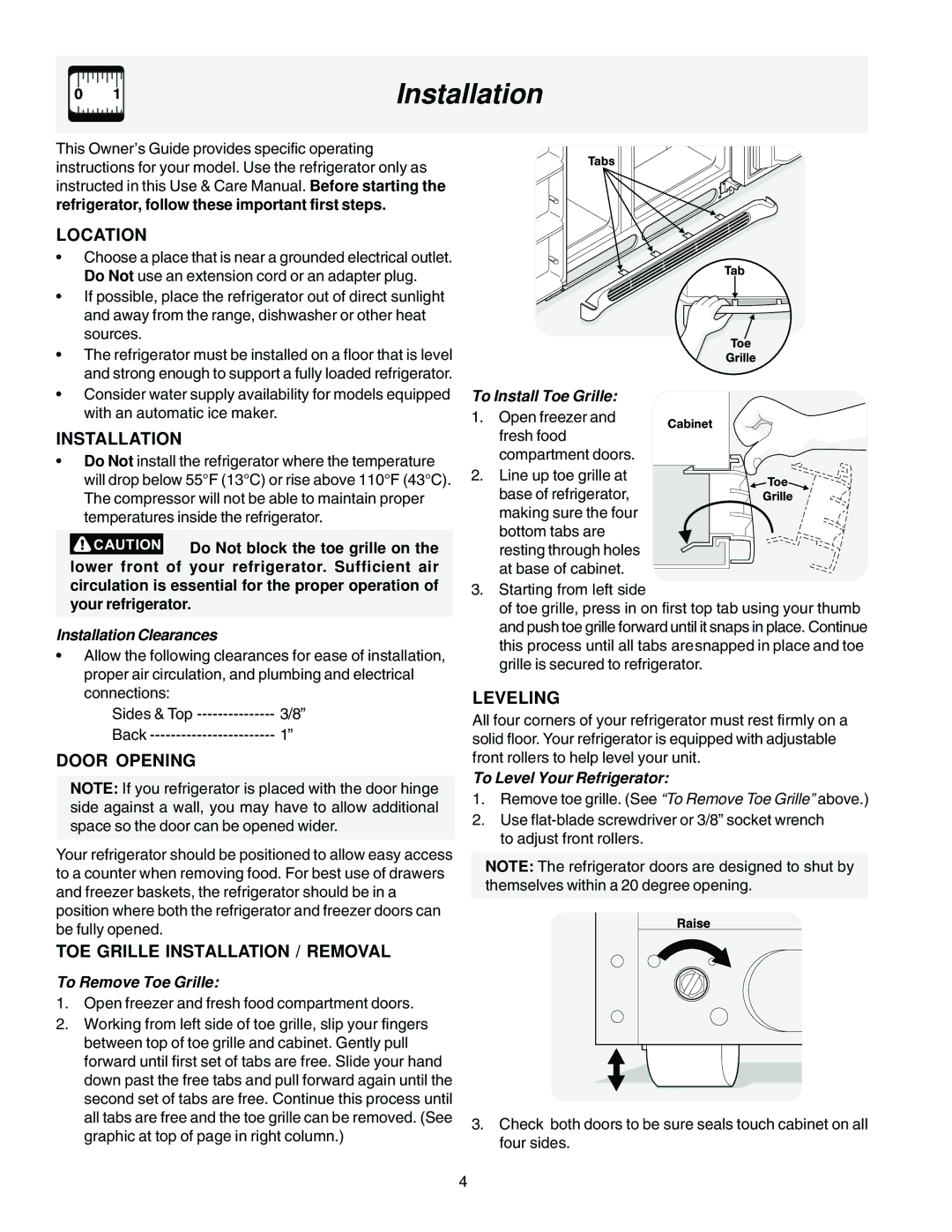 Frigidaire FRS23KR4AQ7, FRS23KR4AQ2, FRS23KR4AQ6, FRS23KR4AW7, FRS23KR4AW2, FRS23KR4AW6, FRS23KR4AB2 manual Installation 