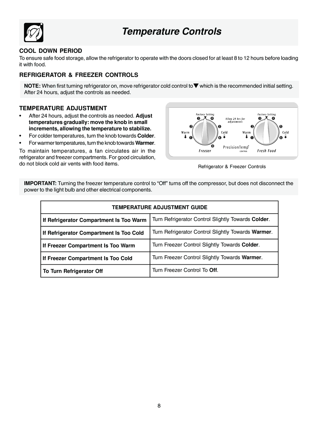 Frigidaire FRS23KR4AQ6 Temperature Controls, Cool Down Period, Refrigerator & Freezer Controls Temperature Adjustment 