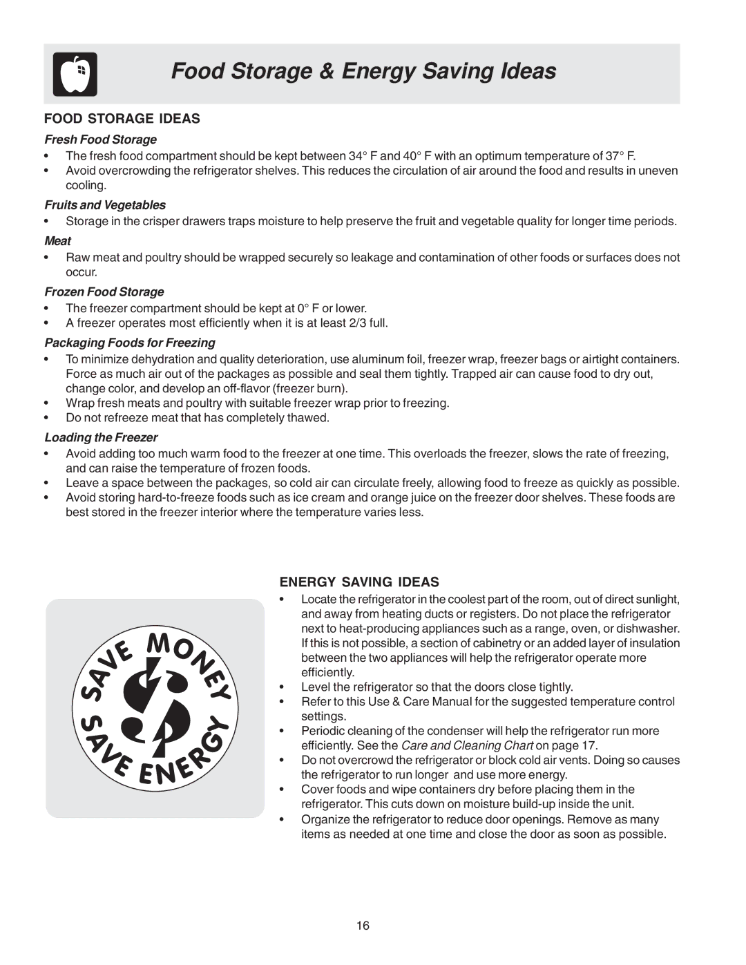 Frigidaire FRS26KF7AW0, FRS26KF7AQ0, FRS26KF7AW1 manual Food Storage & Energy Saving Ideas, Food Storage Ideas 