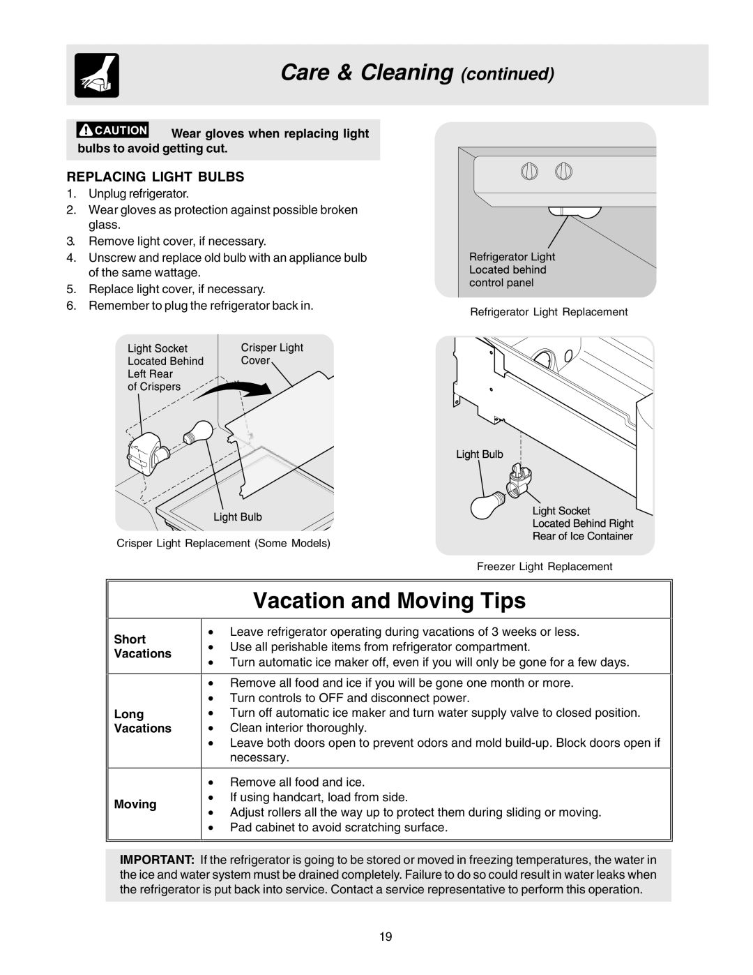 Frigidaire FRS26KF7AW0, FRS26KF7AQ0, FRS26KF7AW1 manual Vacation and Moving Tips, Replacing Light Bulbs 