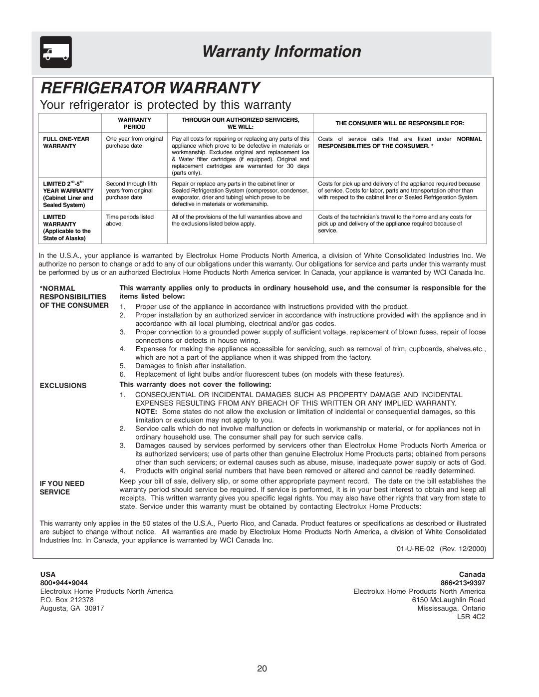 Frigidaire FRS26KF7AW1, FRS26KF7AQ0, FRS26KF7AW0 manual Warranty Information, Refrigerator Warranty 