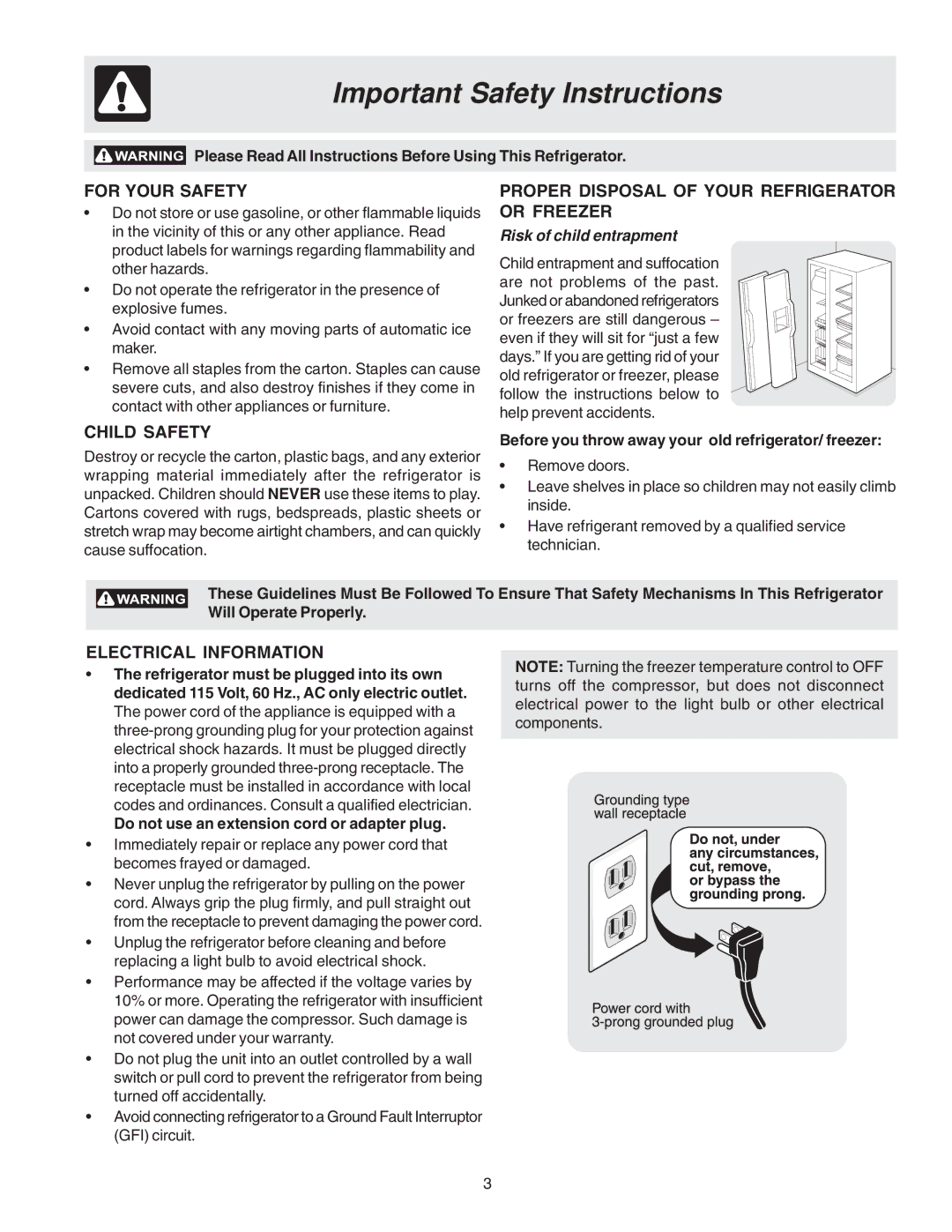 Frigidaire FRS26KF7AQ0 Important Safety Instructions, For Your Safety, Proper Disposal of Your Refrigerator or Freezer 