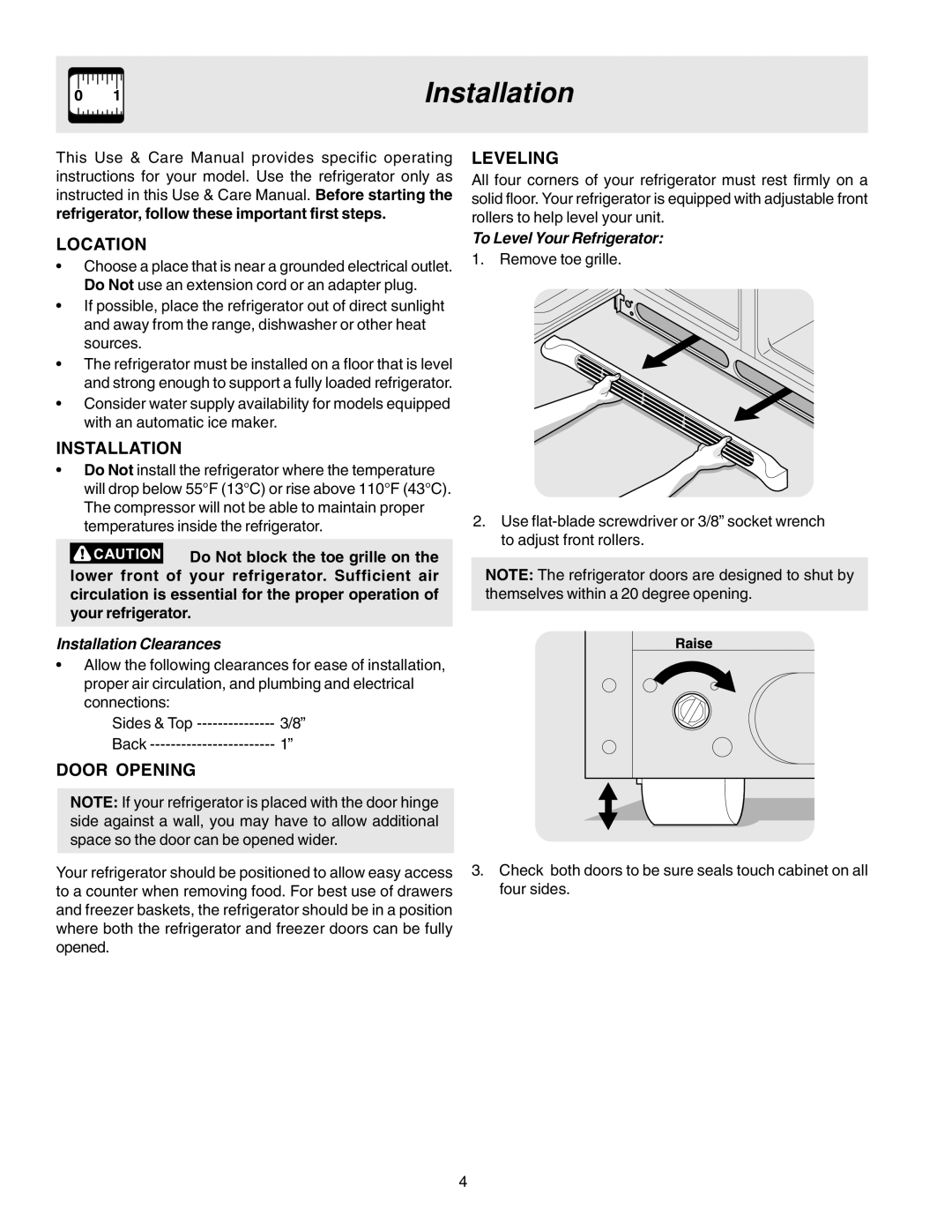 Frigidaire FRS26KF7AW0, FRS26KF7AQ0, FRS26KF7AW1 manual Installation, Location, Door Opening, Leveling 