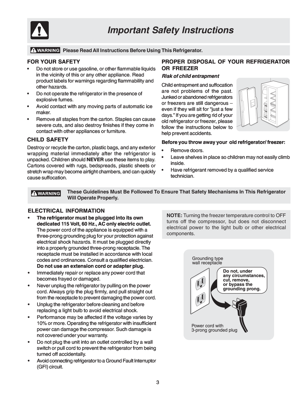 Frigidaire FRS26KF7AQ0 Important Safety Instructions, For Your Safety, Proper Disposal Of Your Refrigerator Or Freezer 
