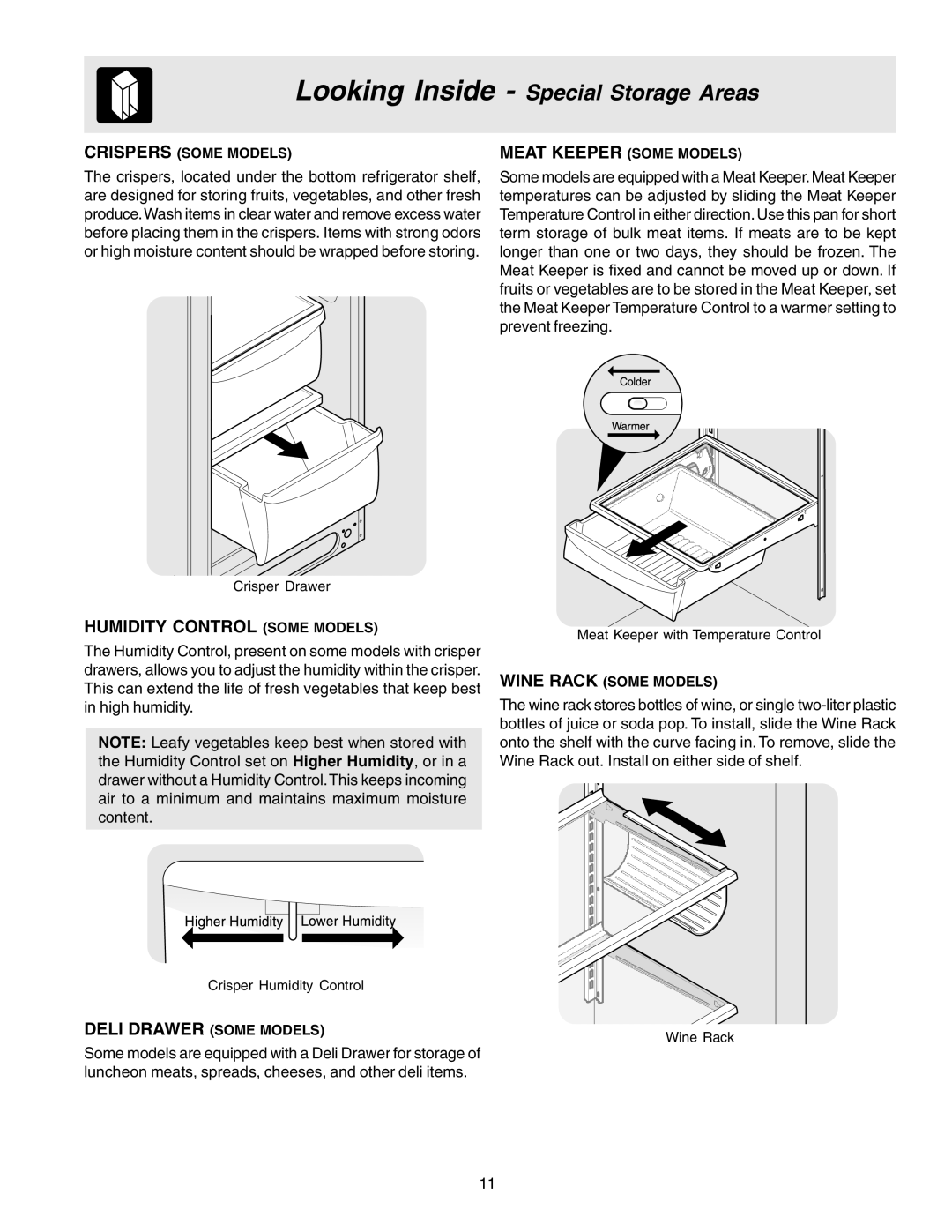 Frigidaire 240389312, FRS26R2AWH manual Looking Inside Special Storage Areas, Humidity Control Some Models 