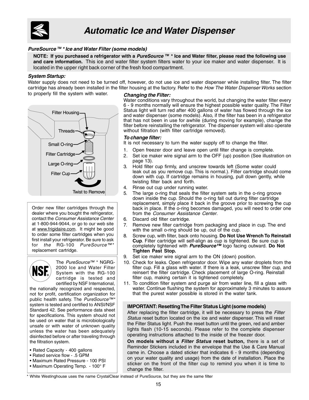 Frigidaire 240389312, FRS26R2AWH manual PureSource TM * Ice and Water Filter some models 