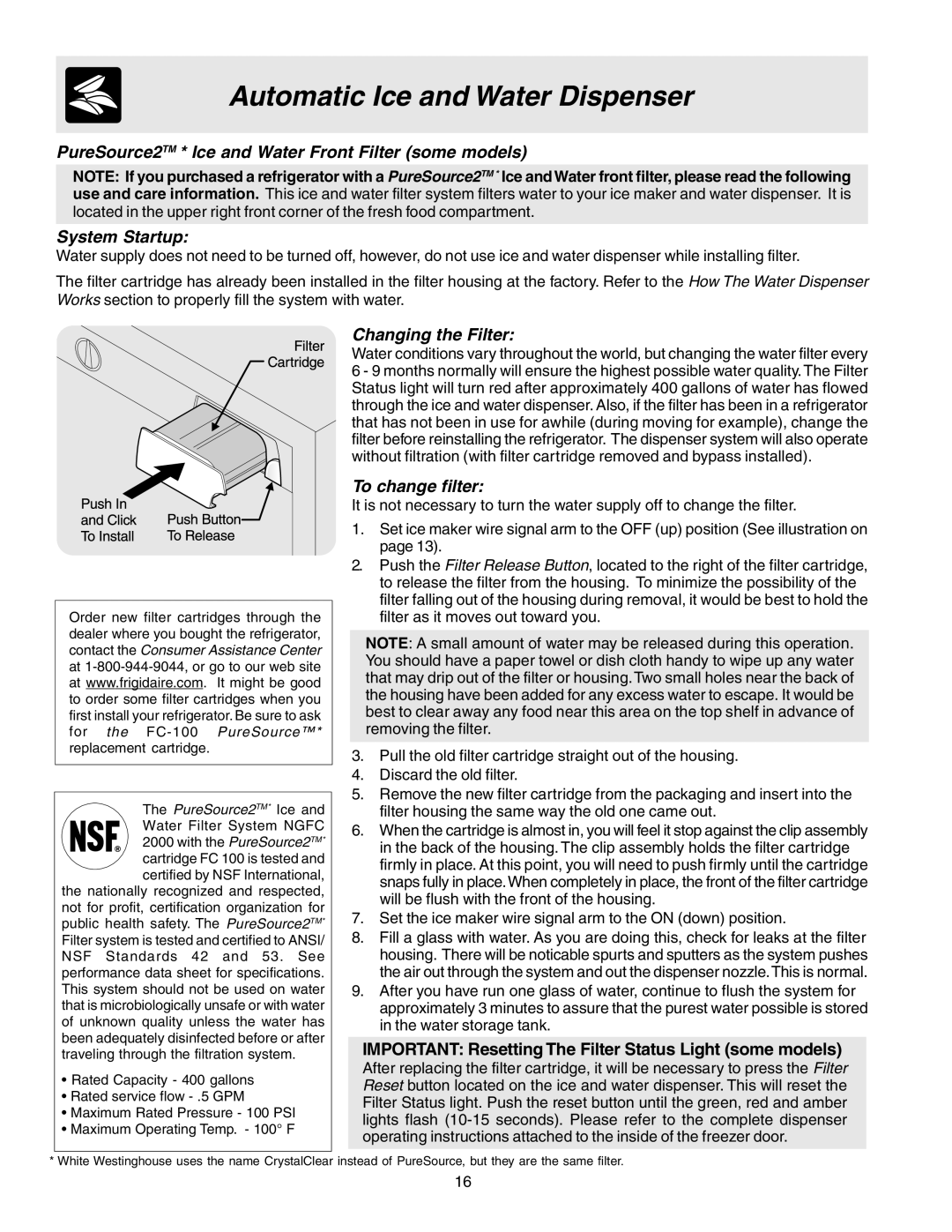 Frigidaire FRS26R2AWH, 240389312 manual Changing the Filter, To change filter 