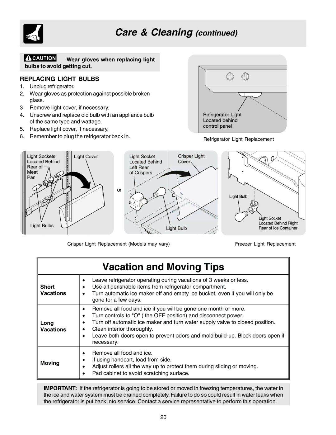 Frigidaire FRS26R2AWH, 240389312 manual Vacation and Moving Tips, Replacing Light Bulbs 