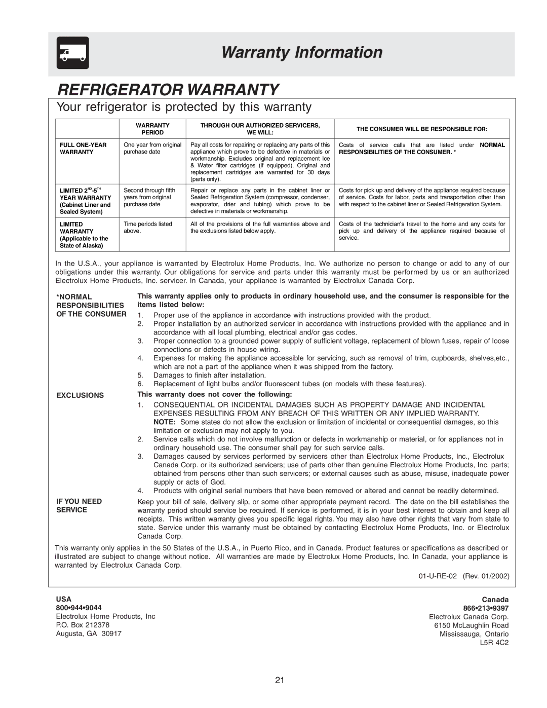 Frigidaire 240389312, FRS26R2AWH manual Warranty Information, Refrigerator Warranty 