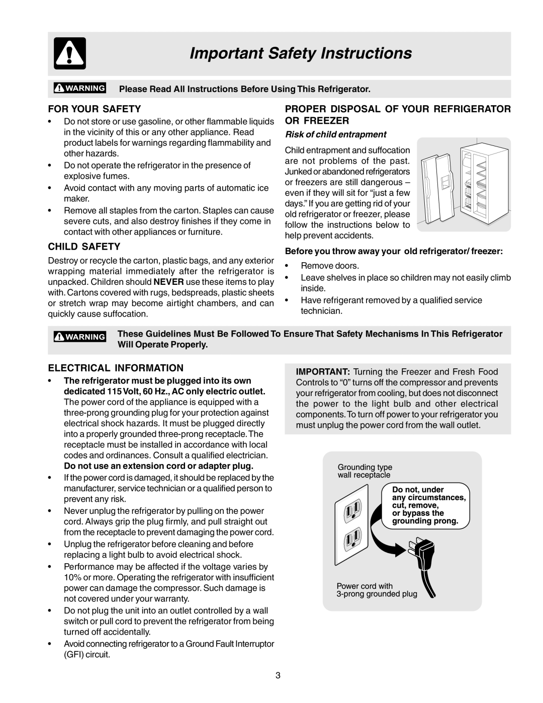 Frigidaire 240389312 manual Important Safety Instructions, For Your Safety, Proper Disposal of Your Refrigerator or Freezer 