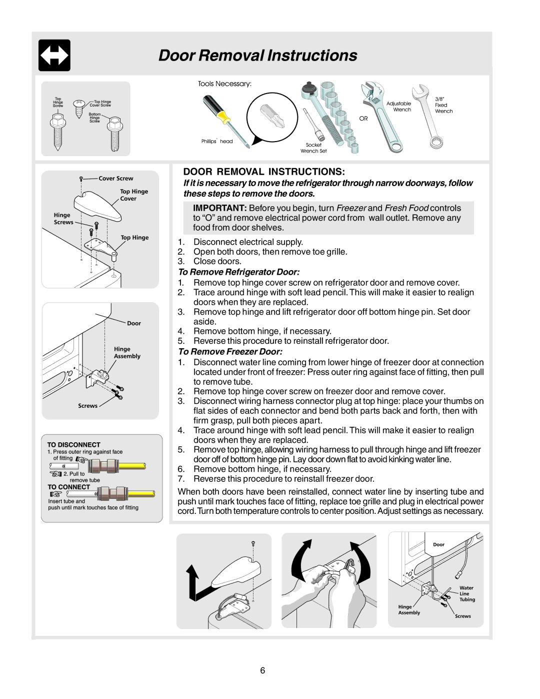 Frigidaire FRS26R2AWH, 240389312 manual Door Removal Instructions, To Remove Refrigerator Door, To Remove Freezer Door 