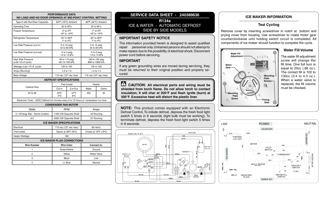 Frigidaire 240389636 specifications Service data sheet R134a, ICE & Water Automatic Defrost Side by Side Models 