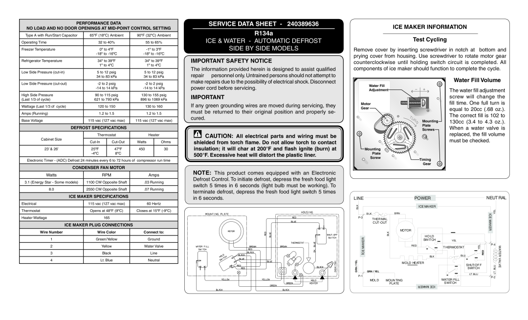 Frigidaire 240389636 specifications service data sheet r134a, Ice & Water - Automatic Defrost Side By Side Models, Tur N 