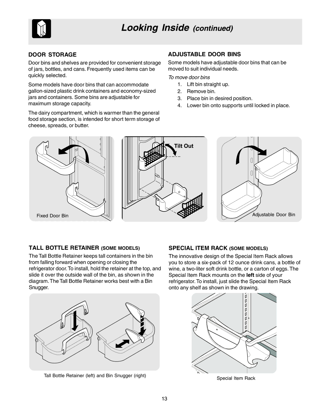 Frigidaire FRS6L7EES1, FRS6L7EES5, FRS6B5EEW1, FRS6B5EEQ1 manual Door Storage, Adjustable Door Bins 