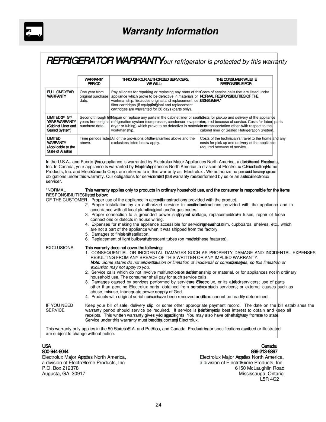 Frigidaire FRS6L7EES5, FRS6L7EES1, FRS6B5EEW1, FRS6B5EEQ1 manual Warranty Information, Consumer 