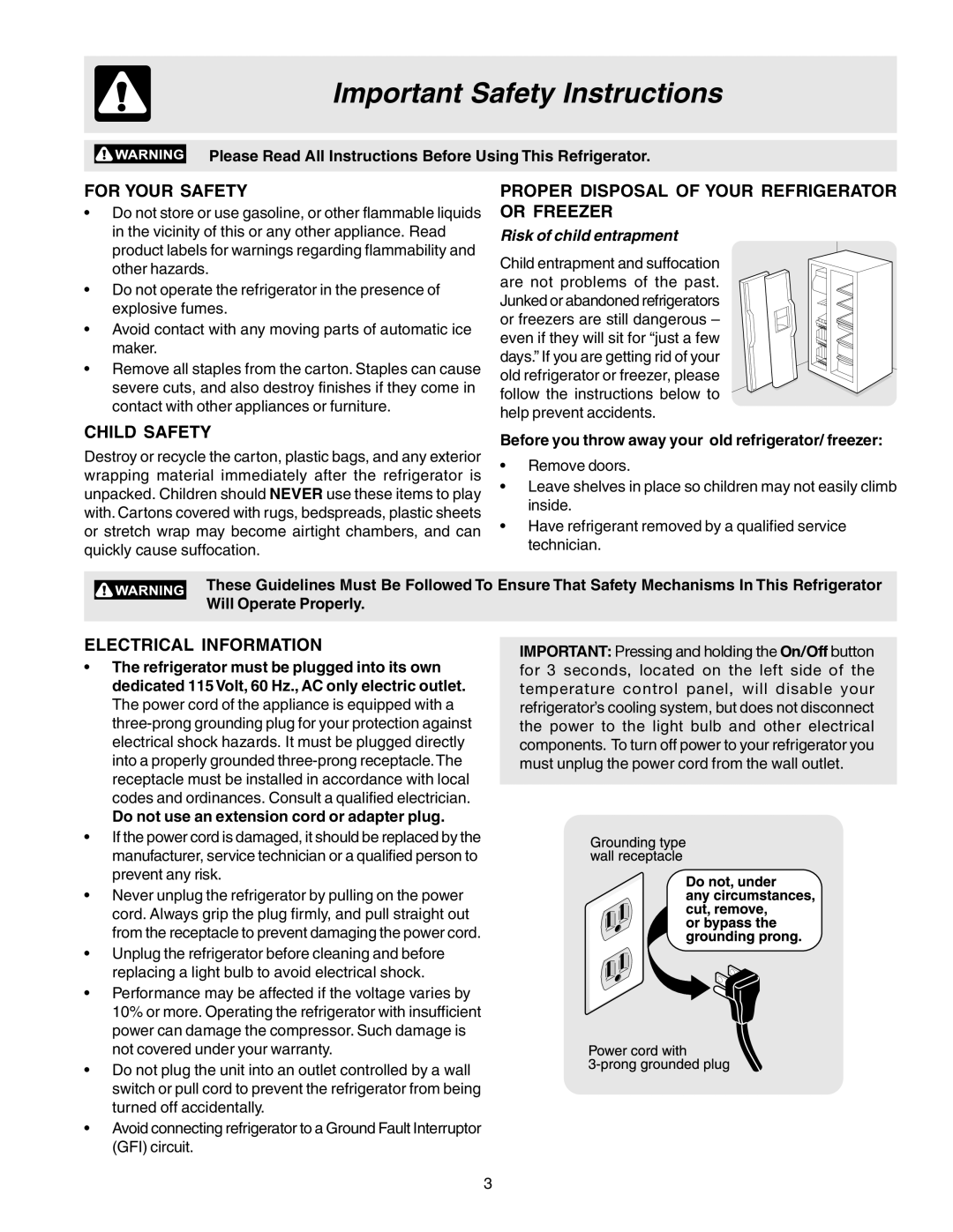 Frigidaire FRS6B5EEQ1 Important Safety Instructions, For Your Safety, Proper Disposal of Your Refrigerator or Freezer 