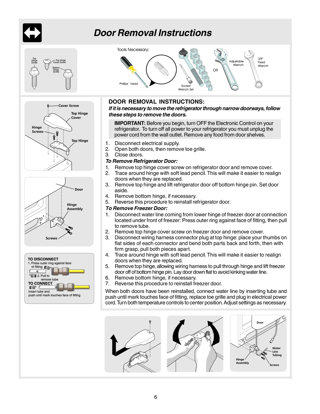 Frigidaire FRS6B5EEW1, FRS6L7EES5 manual Door Removal Instructions, To Remove Refrigerator Door, To Remove Freezer Door 